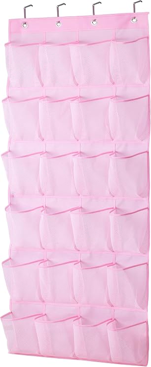 MISSLO Over The Door Shoe Organizer 24 Large Mesh Pockets (Pink)