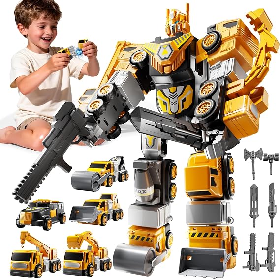 5-in-1 Magnetism Transform Robot Construction Vehicles Set | Educational DIY Assembly Building Toys, Transforming Take Apart Toys Trucks, Birthday for 3 4 5 6 7 8 Year Old Boys Girl