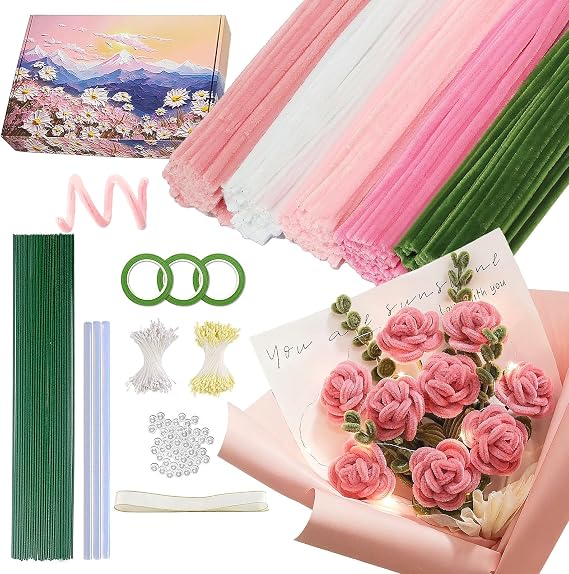 500 PCS 5 Color Chenille Stems, Pipe Cleaners Kit with Floral Parts(Pink)