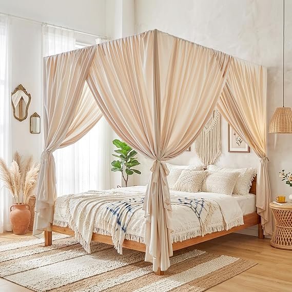 Canopy Bed Curtains - 4 Corners Post Ruffle Princess Bed Canopy Elegant Cozy Drape Netting 4 Opening Mosquito Net for Girls Adults Bedroom Beautiful Decoration - Easy Installation Twin Cream White