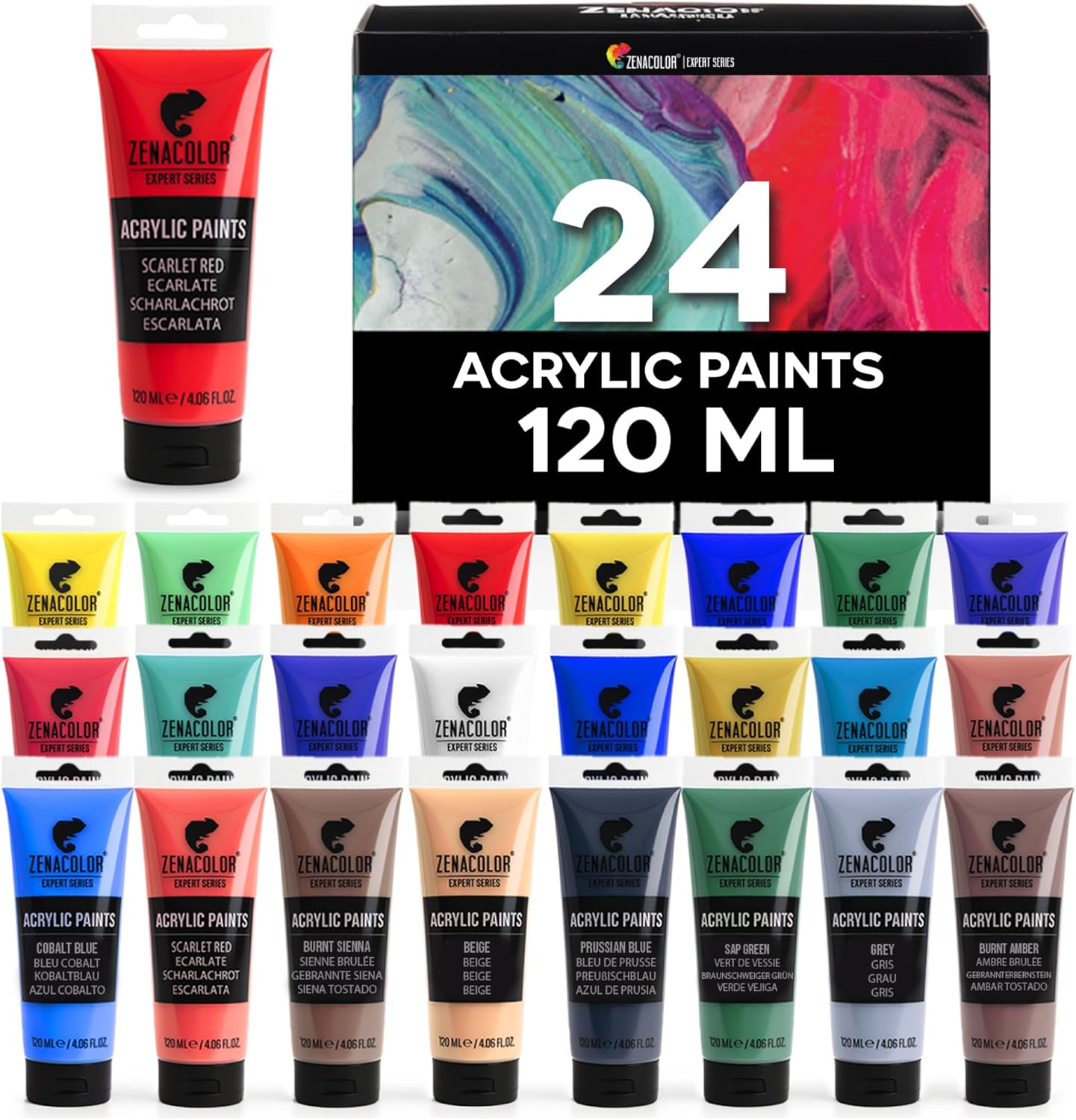 Zenacolor Set of 24 Acrylic Paints, 24 x 120 ml Tubes, 24 Colours Paint for Canvas, Wood, Arts and Crafts, for Adults