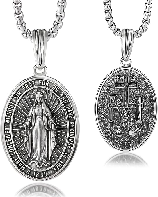BGCOPPER Virgin Mary Pendant Miraculous Medal Necklace for Women Men | Virgin Mary Necklace, 925 Sterling Silver Mother Mary Pendant, Stainless Steel Chain, Christian Gift