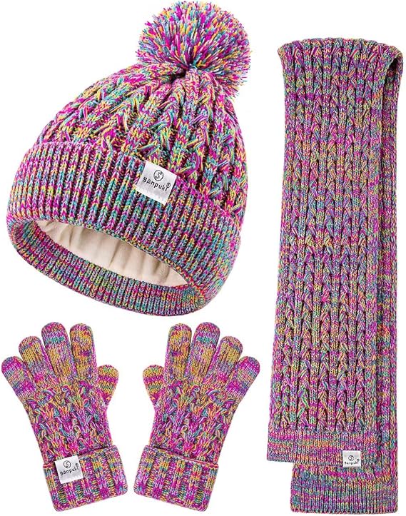 Kids Winter Hat Gloves Scarf Set,Girls Toddler Winter Hat Beanies with Pom Neck Warmer Gaiter Mittens Fleece Lined Set Christmas Gift for Kids(Rainbow Mix)