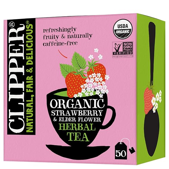 Clipper Organic Strawberry & Elderflower Herbal Tea, 50 Tea Bags | Naturally caffeine free herbal tea in unbleached tea bags, USDA Organic, Non-GMO approved