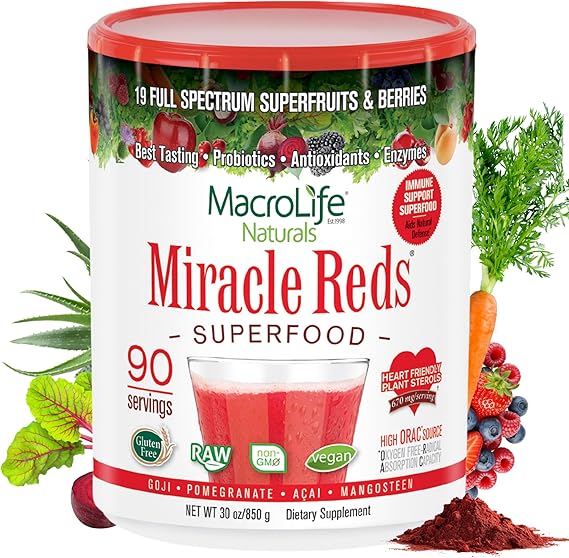 MacroLife Naturals Miracle Reds Superfood Powder, 30oz | 19 Fruit Organic Blend, Beet, Blueberry, Turmeric; Antioxidants, Enzymes & Probiotics; Raw, Gluten & Dairy Free; 90 Servings