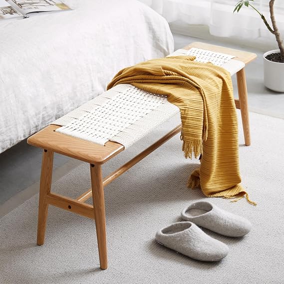 Natural Oak Wood Dining Bench, Hand Woven Bench Surface Design, for Entryway, Bedroom, Living Room, Kitchen Room, Bathroom (White)