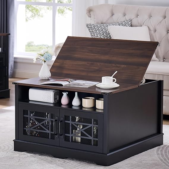 Square Coffee Table with Hidden Compartment, Center Table Lift-up Top Black
