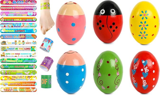 POPLAY Kids Church Activity Kit, 48PCS Christian Slap Bracelets & 6 PCS Wooden Egg Shakers for Sunday School Music Time and Rewards