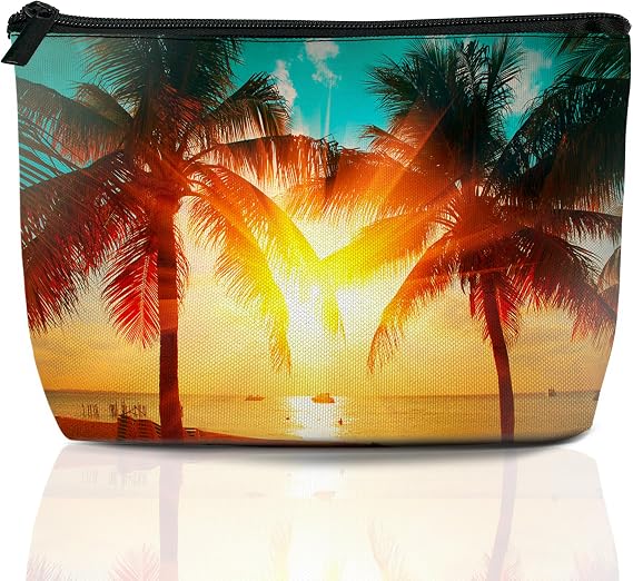 Tropical Palm Tree Makeup Bag Travel Cosmetic Bag for Women,Beach Sunset Small Make up Pouch Travel Bags for Toiletries Aesthetic Accessories Waterproof Gifts