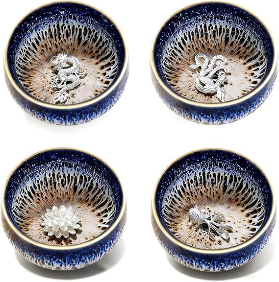 Tenmokus Tea Cup Set of 4, Blue Glaze Chinese Ceramic Teacup, 3 oz | Handmade Jianzhan, Lead-free and Cadmium-free, for Tea Ceremony, Art Gifts for Tea Lovers