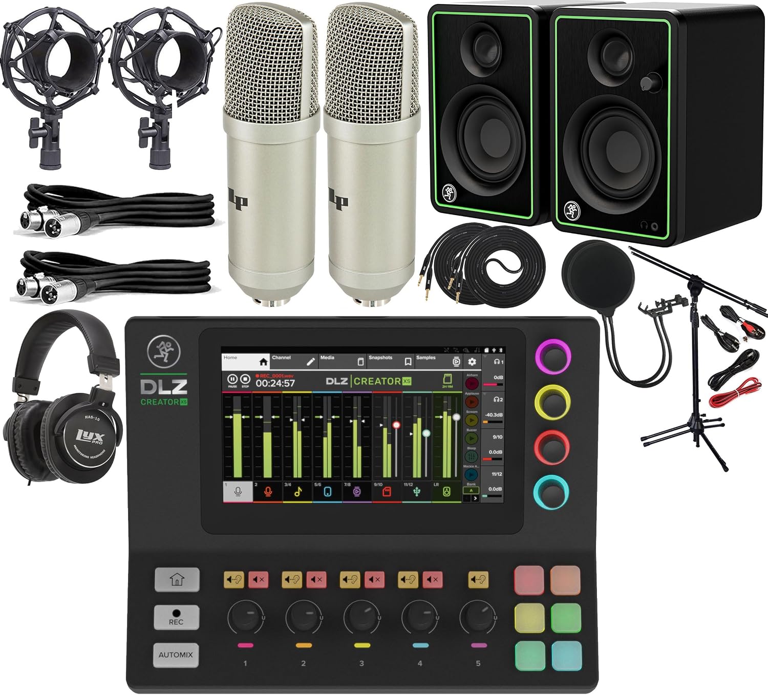 DLZ XS Compact 6-channel Adaptive Digital Mixer For Podcasting and Streaming with 2x LyxPro Condenser Microphones Kits, CR3-X Multimedia Monitors, Recording Headphones