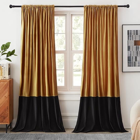 BULBUL Luxury Gold Black Velvet Blackout Curtains 84 inches for Living Room