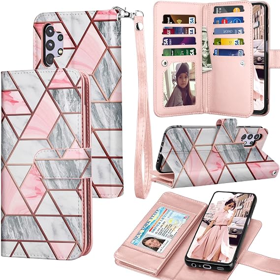 Tekcoo Wallet Case for Samsung Galaxy A32 5G, [Detachable Magnetic Hard Case] Luxury PU Leather Cash Credit Card Slots Holder Carrying Folio Flip Cover Strap [Marble]
