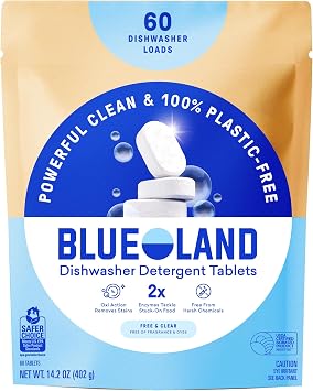 BLUELAND 100% Plastic-Free Dishwasher Detergent Tablets, 60 Count, Free &amp; Clear, Eco-Friendly Dishwashing Pods, Natural, USDA Certified biobased