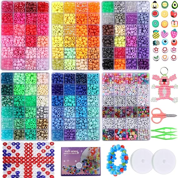 4000pcs Pony Beads, 6 in 1 Bracelet Making kit, and 1000pcs Letter Bead, Kandi Beads Colourful Bead Easy to Learn DIY Craft Making Kit
