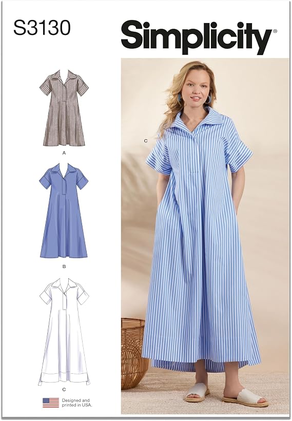 Simplicity S3130 Women's Loose-Fitting Pullover Collared Dress Sewing Pattern, Three Dress Lengths, Sizes 16-24