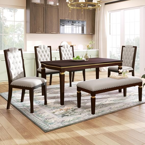 Modern 6-Piece Dining Table Set, 60" Rectangular Table and 4 High-Back Tufted Chairs, 1 Bench for Dining Room and Kitchen Espresso