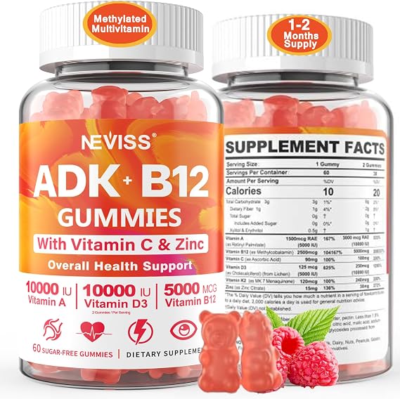 Methylated Multivitamin Women Men, Vitamin D3 K2 5000IU / 10,000IU, B12 5000 mcg 2500mcg, K2 (MK-7) 240mcg- ADK+Methyl Vitamin B12, Vegan D3,Vitamin A,C,Zinc Eye,Bone,Energy,Immune, Sugar-Free Gummies