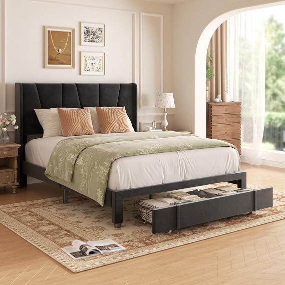 King Size Bed Frame, 5ft1 Upholstered Platform Bed with Tufted Headboard & Wing Side and Storage Drawers, Wood Slat Support, Mattress Foundation, No Box Spring Needed, Black