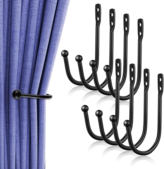 8 Pcs Curtain Tie Backs, Black, Metal Curtain Holdbacks (8pcs-Small)