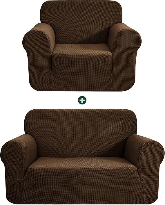 CHUN YI 1 Piece Stretch Sofa Slipcover Set for Loveseat and Armchair, Sofa Cover Set for 1 2 Seater Settee, Small Checks Jacquard Fabric (Coffee, Covers for Loveseat& Chair)