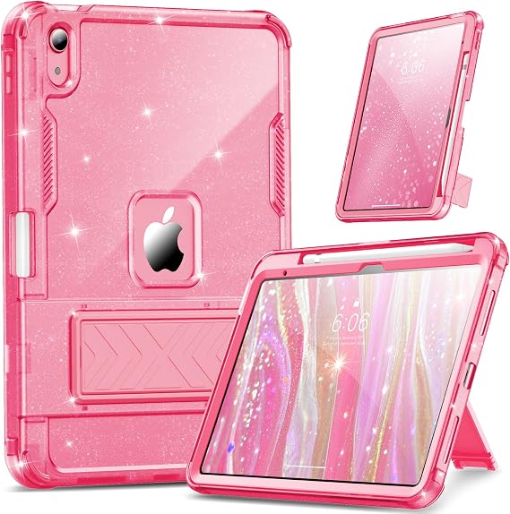 INFILAND Case for iPad A16 11 inch 11th Generation,iPad 10th Generation Case 10.9 Inch Glitter Semi-Transparent, Protective Cute Cover with Stand, Pencil Holder for Girls, Kids, Women (Pink)
