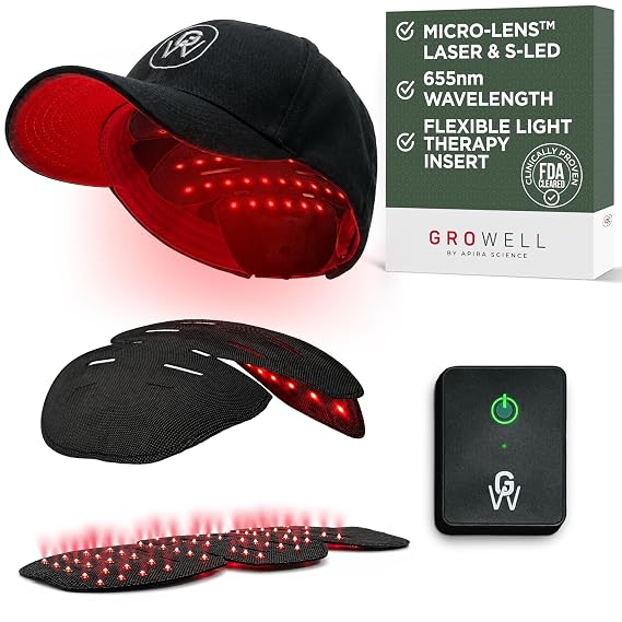 GroWell Red Light Therapy Hair Growth Cap FDA Cleared Laser Treatment for Hair Regrowth and Reduced Shedding LED & Laser Red Light Therapy Clinically Proven in Double-Blind Studies -Black