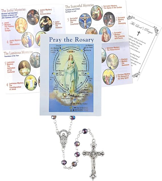 How To Pray The Rosary Pamphlet - Pray The Rosary Booklet, Amethyst Glass Prayer Beads, Lord's Prayer Card - Catholic Devotional Set for Daily Prayers, Baptism, Communion, Confirmation - 3 Items