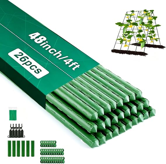 Orgrimmar 26 PCS 48" Garden Stakes 4ft Plastic Coated Climbing Plant Support Stakes Climbing Frame for Tomato Cucumber Eggplant Vine Vegetable (48 Inch)