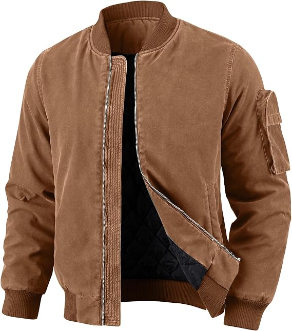 Men's Vintage Bomber Jacket Washed Military Jacket Casual Zip Up Flight Jacket Windbreaker
