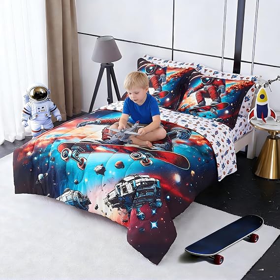 Viviland Twin Bedding Set for Boys 7 Piece Bed in a Bag with Comforter, Sheets, Pillowcases Soft Microfiber Kids Comforter Set, Oeko Certified, Machine Washable, Cosmic Adventure Theme