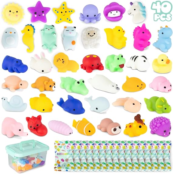 BONNYCO Mochi Squishy Toys for Party Bag Fillers for Kids Unisex, Pack 40 Kids' Party Favours. Squishy Fidget Toys Pack, Pinata Filler Boys Girls. Return Gifts Birthday, Classroom Prizes Kawaii
