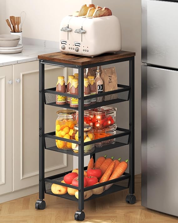 Hoctieon Rolling Storage Cart, 4-Tier 11.8" Wide Panel Kitchen Storage Cart, Utility Carts with Handle & Wheels, Mobile Shelving Unit, Metal Frame Narrow Carts for Home Kitchen, Laundry, Rustic Brown