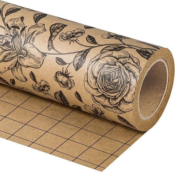 WRAPAHOLIC Kraft Floral Wrapping Paper Roll - Mini Roll - 17 Inch x 33 Feet - Vintage Black Flower Wrapping Paper for Birthday, Bridal Shower, Wedding, Baby Shower