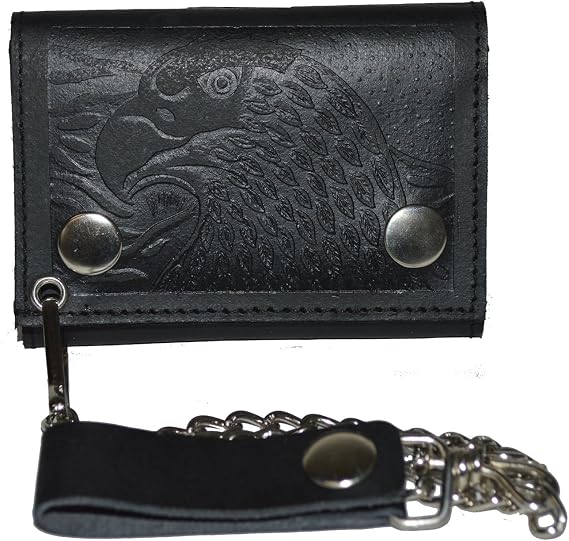 Trifold Biker's Large Wallet ID Card Holder With Chain Genuine Leather