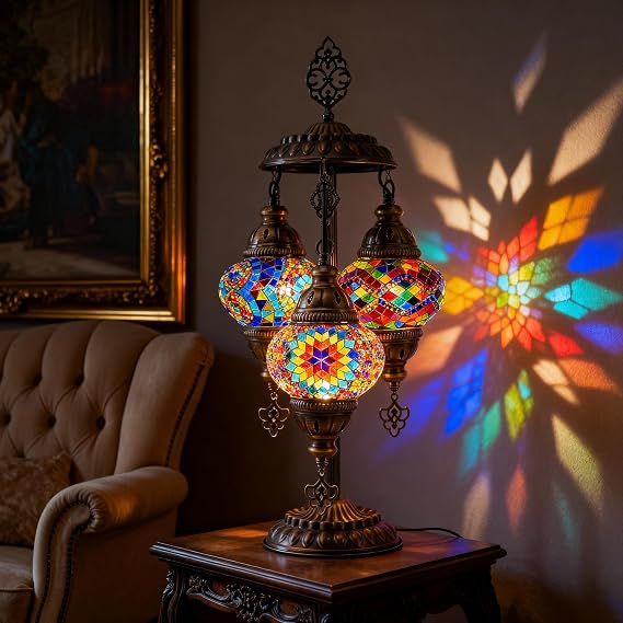 Turkish Mosaic Lamp with Bulb 3 Globe Tiffany-Style Table Light (Cappadocia Balloon)