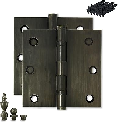 Finsbury Hardware Solid Brass Door Hinge Heavy Duty Ball Bearing 3.5 x 3.5 Inch with Decorative Screw-on Tips Included - Set of 2 Hinges Antique Brass