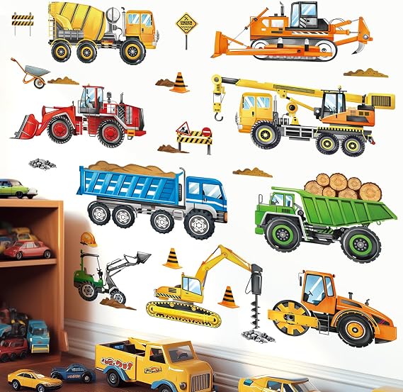 decalmile Construction Vehicles Cars Truck Boys Wall Decals Stickers