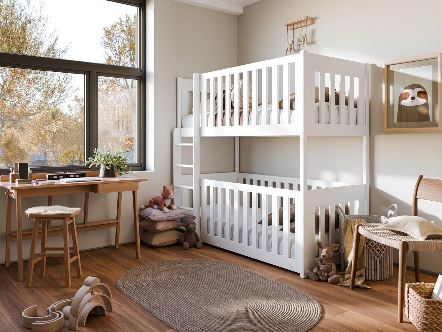 Arthauss Wooden Bunk Bed Konrad with Cot Bed in White - Convertible into Two Single Beds, Solid Pine Wood - Children Space-Saving Double Decker Bed with Universal Ladder
