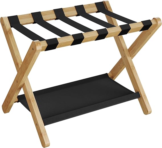 SONGMICS Bamboo Luggage Rack, Folding Suitcase Stand, with Storage Shelf