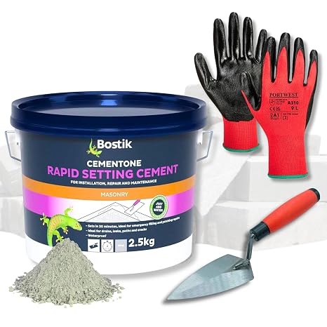 Cement Ready Mixed Bundle with 2.5kg Bostik Cementone Rapid Setting Cement Mix, 6" Pointing Trowel, Safety Gloves | Quick Drying | Ready Mix Concrete Filler for Indoor & Outdoor Mortar Repair