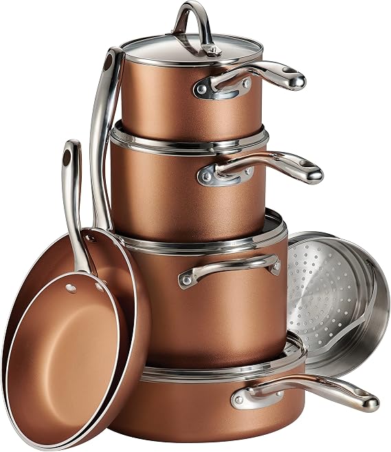 Tramontina 11-Piece Non Stick Cookware Set with Glass Lids, Heavy-Gauge Aluminum Nonstick Pots and Pans Kitchen Set (Metallic Copper)