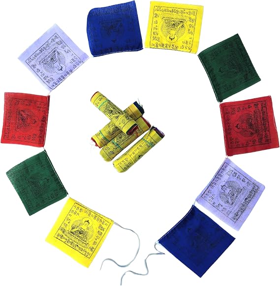 Mini Tibetan Prayer Flags – 5 Packs of Mini Prayer Flag Strings, 10 Flags per String, Hand-Printed, Traditional Block Design, Handmade in Nepal
