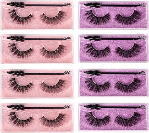 Braiton 8 Pairs Natural Look Lash 3D False Eyelashes Volume Faux Lashes Reusable Fluffy Eyelashes Bulk with Portable Boxes & Eyelash Brush,C