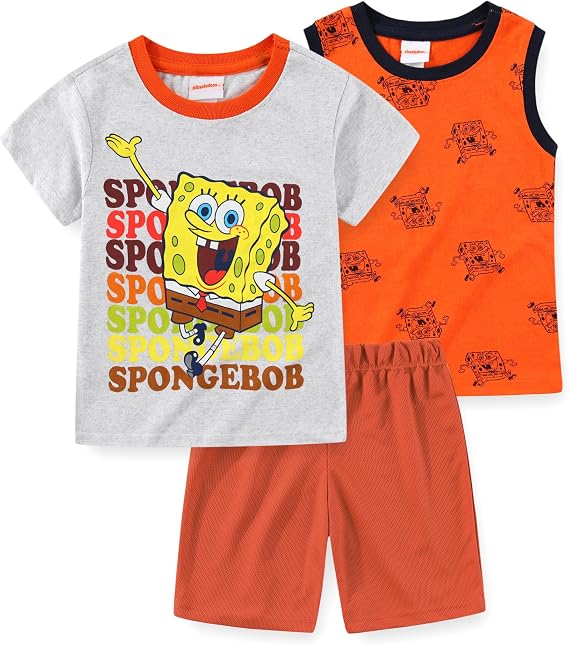 SpongeBob SquarePants Nickelodeon Boys 3 Piece Tank Top T-Shirt and Shorts Set for Big Kids