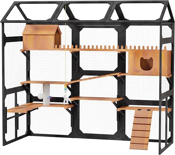 Large Outdoor Catio for Cats with Built-in Plant Shelves, Wooden Cat Enclosure with Platforms, Ramps & Resting Box, Walk-in Cat Playpen with Weather-Resistant Roof for Backyard