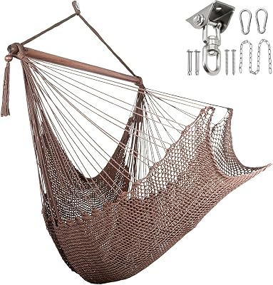 Bathonly Large Hammock Chair with Spreader Bar and Heavy Duty Swing Hanger, Caribbean Hammock Swing Chair, XL Hammock Chair Outdoor Indoor, 330 LBS Weight Capacity, Dark Brown