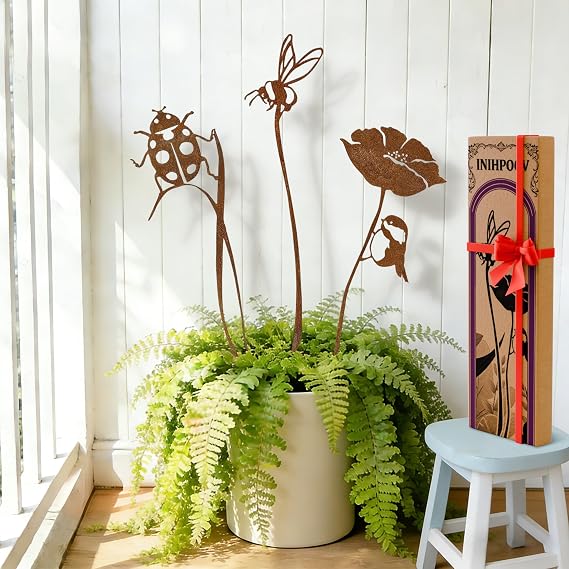 3-Pack Rust-Finish Ladybug, Bee and Flower Garden Stakes
