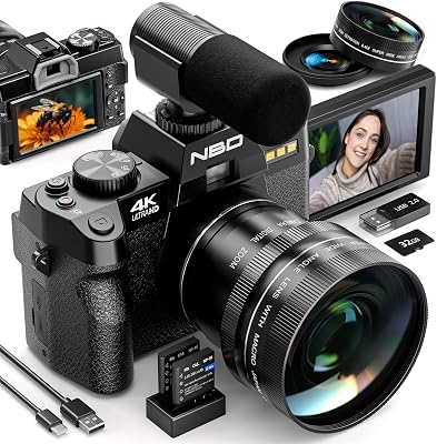 Digital Cameras for Photography,4K Vlogging Cameras for YouTube,Travel Point and Shoot Digital Cameras Fotograficas with 180Flip Screen,16X Digital Zoom,52mm Macro Lens,2 BatteriesBlack