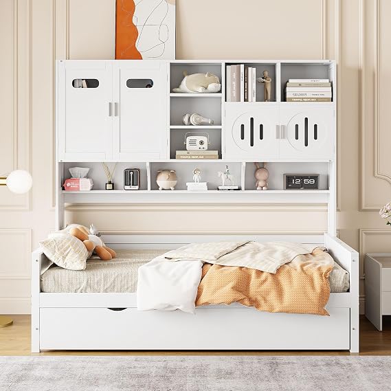 Modern Twin Size Daybed with Trundle Bed and All-in-One Cabinet Headboard, Wooden Captain Bed Sofa Bed Frame with Shelf for Small Room Bedroom Guest Room